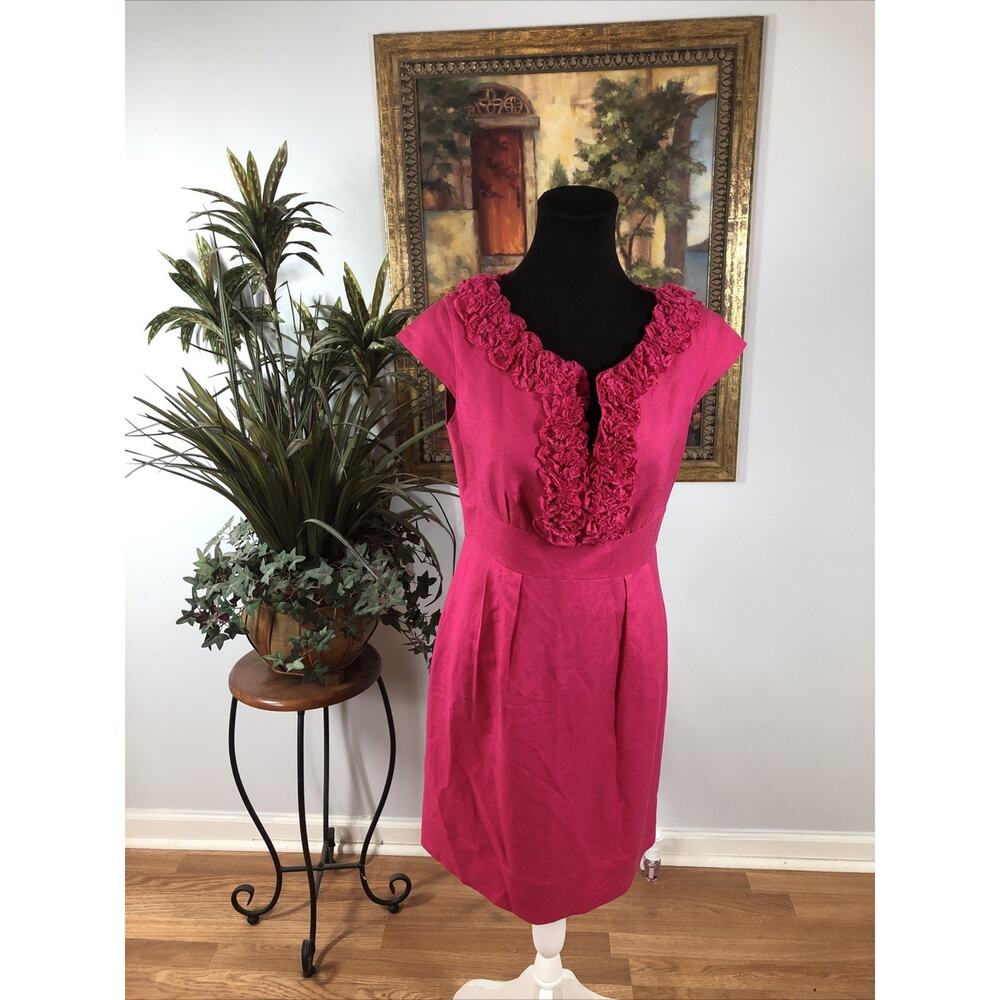 Jessica Howard Women 8P Hot Pink Sheath Dress Cap Sleeve Ruffle Neck Lined